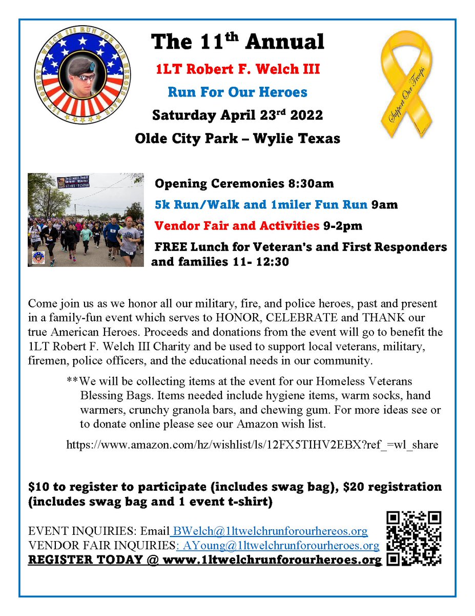 CollinCenter's tweet photo. Mark your calendar for tomorrow! 📅 The 11th Annual 1LT Robert F Welch III Run for our Heroes will be at Olde City Park - Wylie Tx. 

Check out the Flyer for details.

#1ltrobertwelchiii #runforourheroes5k #runforourheroes #veterans #military #wylie  #WylieTx https://t.co/sD4rk3prVU