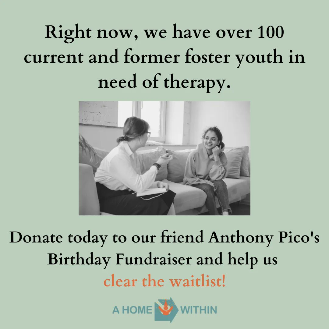 If you haven’t donated to @AnthonyPicoCA’s campaign, there’s still time! To all who have, we’re so grateful! With your help, we can  #clearthewaitlist!

#ahomewithin #therapy #therapist #mentalhealth #mentalhealthawareness #foster #fostercare #fosteryouth #birthday