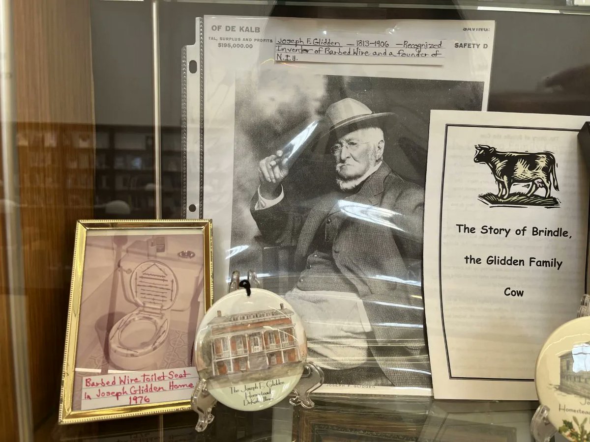 Check out the display case outside the Teen Room. Inside are a variety of original artifacts and media about Barbed Wire and its inventors from the collection of local historian Steve Bigolin. #dkpl #dekalbpubliclibrary #proudlydekalb https://t.co/Q2kc0a7R70