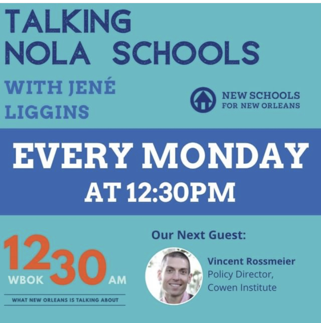CowenInstitute's tweet photo. Tune into @wbok.1230 this Monday 4/26 at 12:30pm! Vincent Rossmeier, our Policy Director, will be #talkingNOLAschools and sharing out details from our most recent report, “A Deeper Look at New Orleans Parents’ Opinions on Public K-12 Education.” https://t.co/rrbECkwfwM