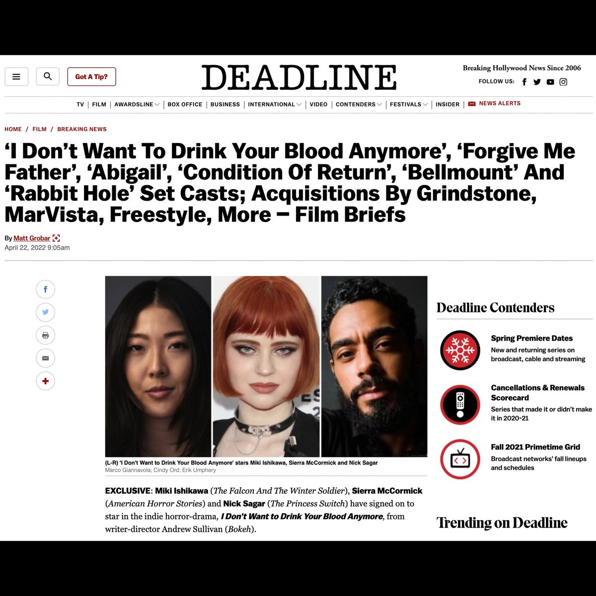 We’re thrilled to share that <a href="/mikiishikawa/">Miki Ishikawa | 美紀 石川</a>, @SierraNMcCormic and @nickdsagar lead the cast in the film. They’ve done stellar work and we’re excited to show them off soon!

<a href="/DEADLINE/">Deadline</a> 
deadline.com/2022/04/i-dont…