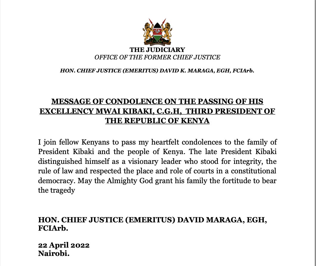 My message of condolence on the passing of HE Mwai Kibaki C.G.H, third President of the Republic of Kenya.