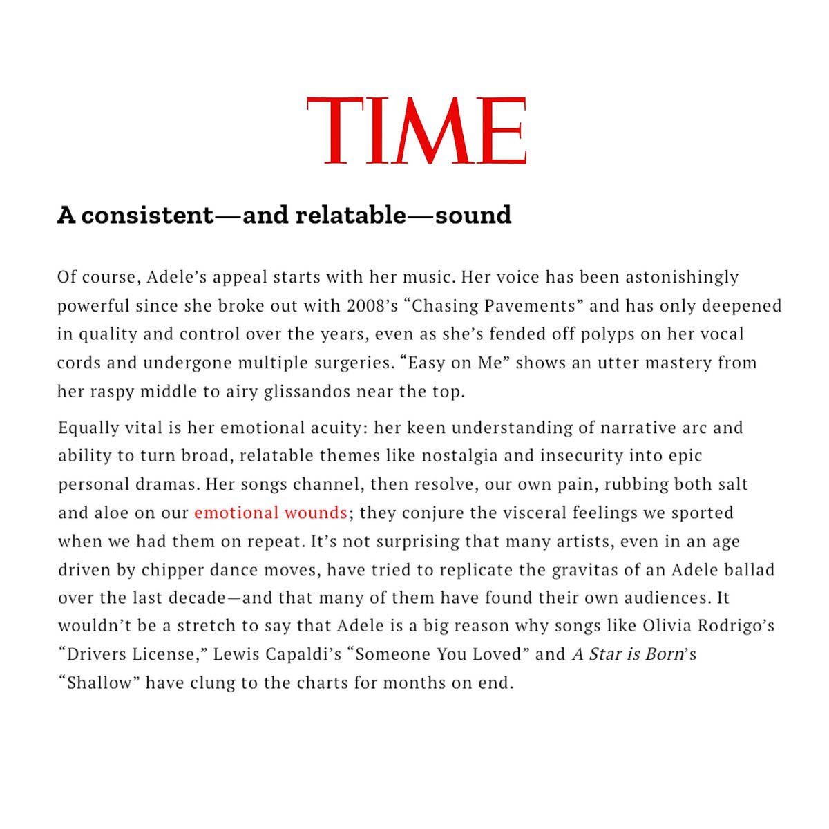 ChartsofAdele's tweet image. 📃| @TIME about @Adele's consistent and relatable sound.

— "Her songs channel, then resolve, our own pain, they conjure the visceral feelings we sported when we had them on repeat. It’s not surprising that many artists, have tried to replicate the gravitas of an Adele ballad..."