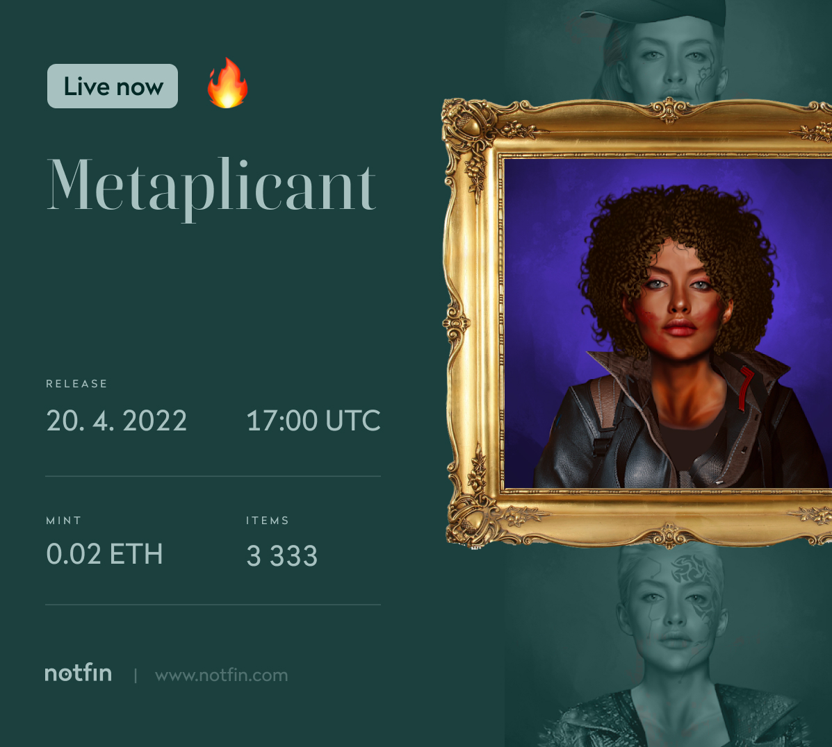notfin.com - Curated Upcoming NFTs 👀 (@notfincom) on Twitter photo 🅤🅟🅒🅞🅜🅘🅝🅖
👋 Metaplicant <a href="/metaplicant/">MetaJuliaNft</a>
–––––––––––––––––––––---
⚑ April 20 ☀ 17:00 UTC
–––––––––––––––––––––---
✪ 0,02 ETH
✪ 3 333 items
–––––––––––––––––––––—
Yeah or nah? Vote now ➤ notfin.com/metaplicant/ 🅤🅟🅒🅞🅜🅘🅝🅖
👋 Metaplicant <a href="/metaplicant/">MetaJuliaNft</a>
–––––––––––––––––––––---
⚑ April 20 ☀ 17:00 UTC
–––––––––––––––––––––---
✪ 0,02 ETH
✪ 3 333 items
–––––––––––––––––––––—
Yeah or nah? Vote now ➤ notfin.com/metaplicant/