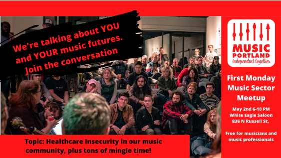 Join us at our May First Monday Meetup
📅 May 2 
🕐 6-10 pm
📍 White Eagle Saloon

Topic: Health Insecurity in our Music Community

RAFFLE PRIZE THIS MONTH: ONE HALF DAY STUDIO TIME AT HALLOWED HALLS RECORDING STUDIO

See you there!