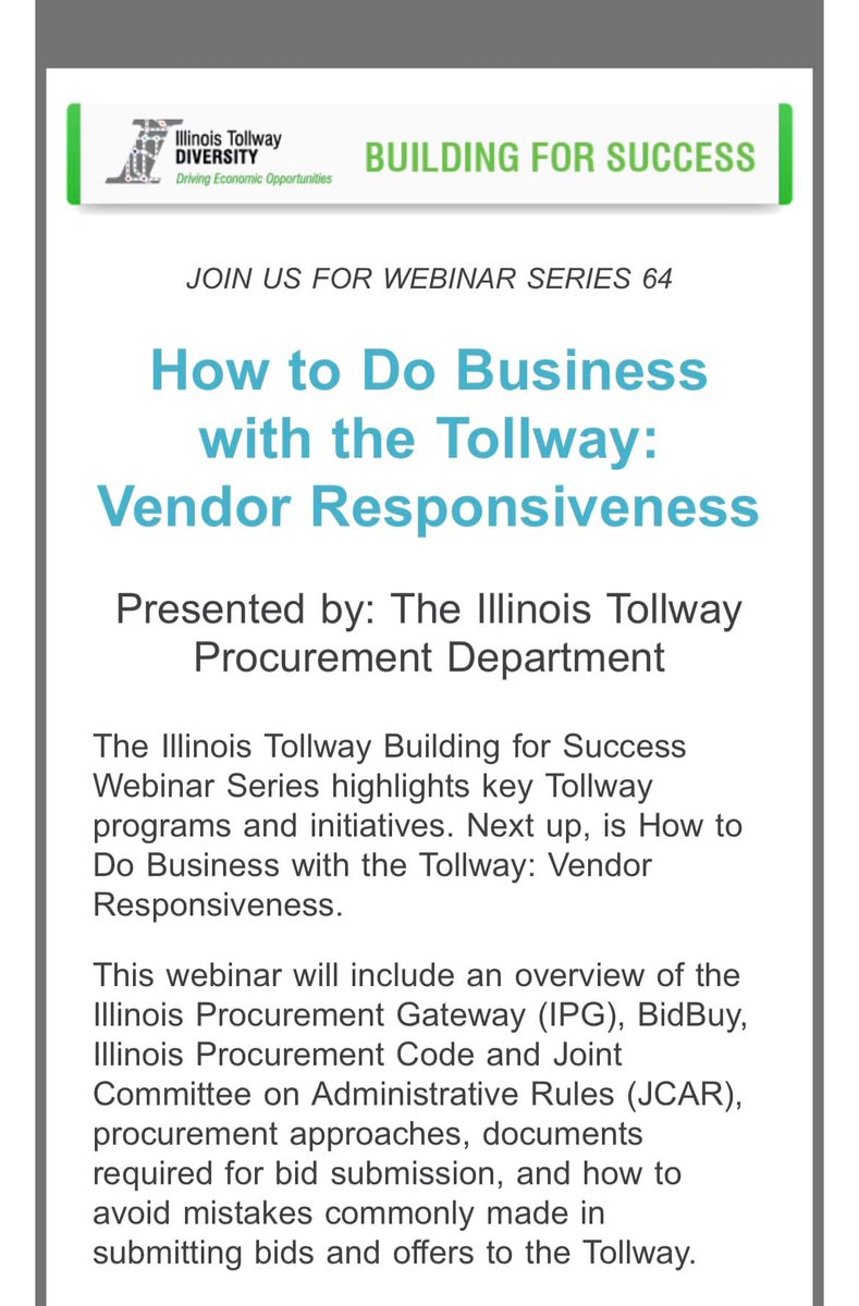 ihccbusiness's tweet image. JOIN US FOR WEBINAR SERIES 64
How to Do Business with the Illinois Tollway
Vendor Responsiveness

SERIES 64: How to Do Business with the Tollway: Vendor Responsiveness
Monday, April 25, 2022
3 to 4 p.m.

Register: bit.ly/3rJV8CK
#tollway #business #contracts @ILTollway