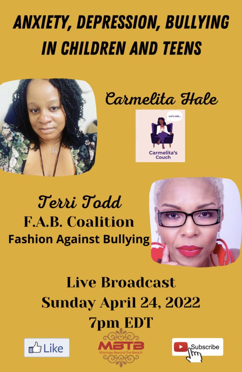 FABTTODD's tweet photo. Researchers have indicated that anxiety, depression, and bullying are on the rise in alarming numbers. That is the topic on our next live broadcast. Join the conversation on Facebook or YouTube: Marriage Beyond The Breach.

https://t.co/t9vbYLS2bc

https://t.co/YAwWSI3QFp https://t.co/nSsZaAsgAT