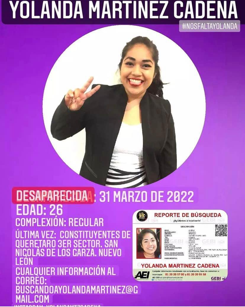 SoyDeSanNicolas's tweet photo. 🚨La familia y amigos de Yolanda Martínez Cadena, desaparecida el 31 de Marzo en #SanNicolas llaman este viernes a una manifestación para exigir avances en la investigación de la @FiscaliaNL a las 6pm en la Col Constituyentes de Queretaro 3er sector donde desapareció 🚨 https://t.co/mBVLjD4CCw