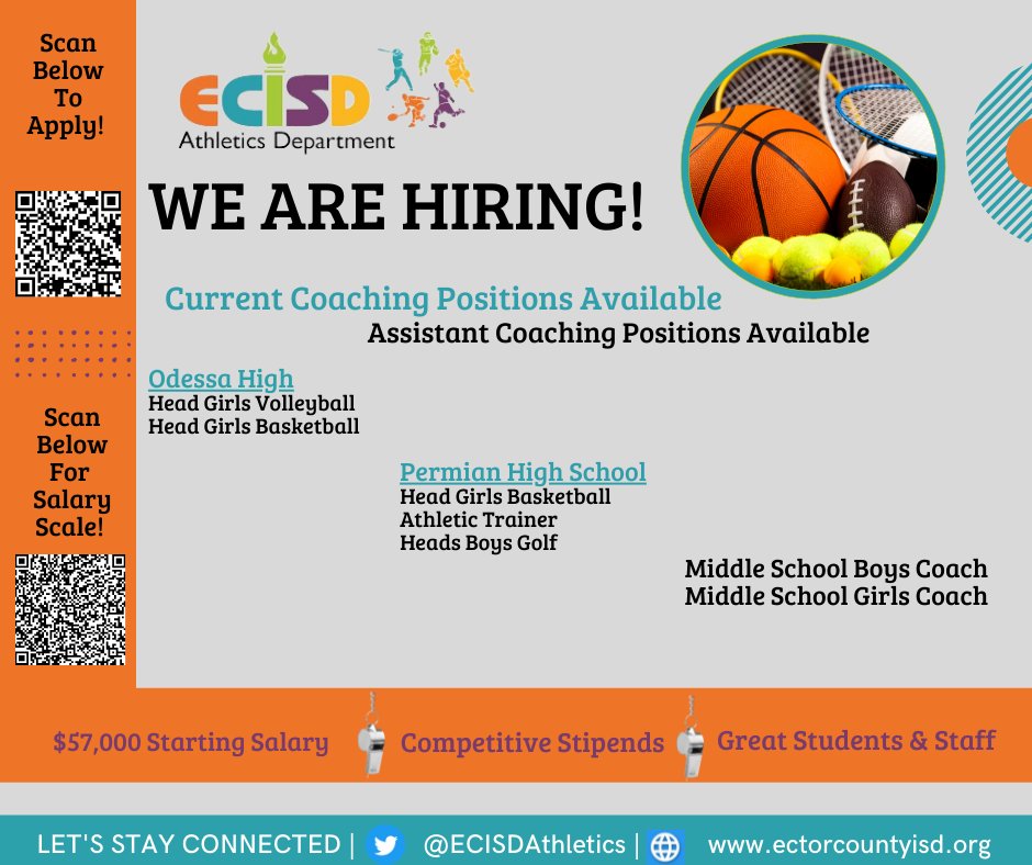 <a href="/ECISDAthletics/">EctorCountyISDAthletics</a> is looking for highly qualified, energetic Educators to be a part of our phenomenal West Texas Coaching Staff! <a href="/ecisdHR/">ECISD Human Resources</a> <a href="/EcisdTalented/">ECISD Talent Development</a>  <a href="/THSCAcoaches/">THSCA</a> <a href="/AustinTGCA/">TGCA</a> <a href="/TexasXCCoaches/">CCCAT</a> <a href="/THSGCA/">THSGCA</a> <a href="/THSBCA/">THSBCA</a> <a href="/NATA1950/">NATA</a> <a href="/NationalHSGolf/">National High School Golf Association</a> <a href="/MaxPreps/">MaxPreps</a> <a href="/Permian_GoMOJO/">Permian High School</a> <a href="/BigRedBronchos/">Odessa High School</a>