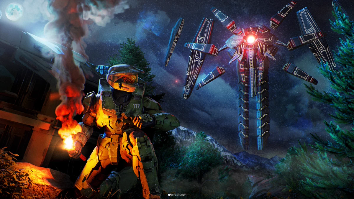 Master Chief kneeling down after igniting a flare, whilst a guardian-like character called Offensive Bias looks down on him menacingly in the background. 