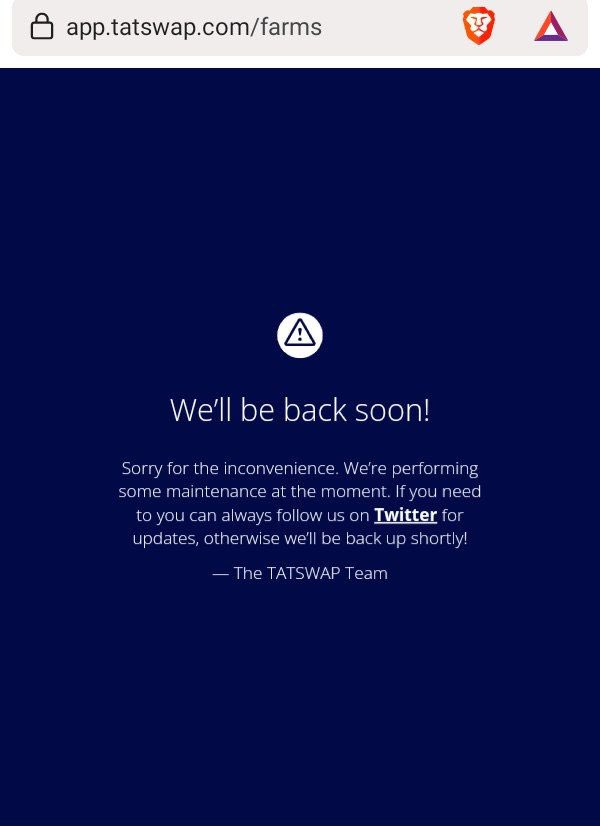 TatswapDex's tweet photo. Dear Tatas, based on community feedback from our Beta Testers, we will be reworking a few things on the https://t.co/YzLfQe7zBd.
We regret the inconvenience and will update the community once the one week scheduled update is done!  
:
Thank you the TAT INC TEAM https://t.co/aBiqSuo8cW