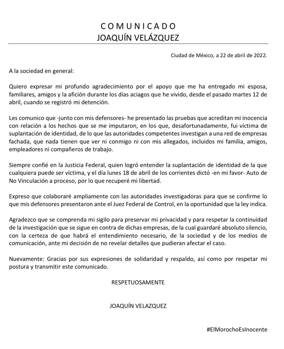 Jvelazquez23's tweet photo. A la opinión pública, gracias a todos.
#ElMorochoEsInocente https://t.co/xo2HpMbT9k