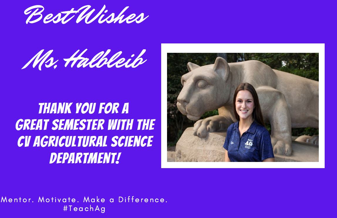 CV_AgSciences's tweet photo. Congratulations to Ms. @TaylorHalbleib on finishing student teaching today!
We were blessed to have you at CV for the past 15 weeks and will miss your creative lessons, organizational skills, and attention to detail. Best wishes in the future! #CVProud #PSUAgEd22 https://t.co/fjDJ1cuHXL