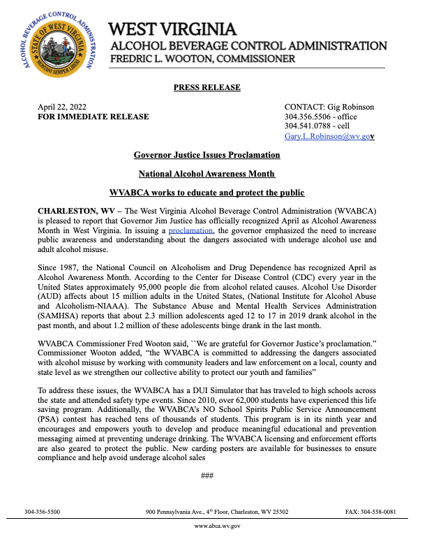 Governor Jim Justice declares April Alcohol Awareness Month in West Virginia!
