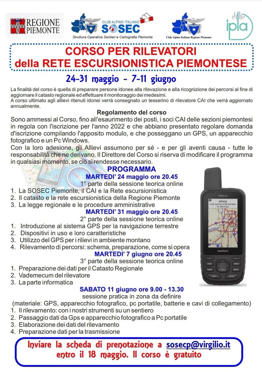 cailanzo's tweet photo. 📱La SOSEC (Struttura Operativa Sentieri e Cartografia) organizza due corsi per rilevatori rete #escursionistica piemontese. La finalità è quella di preparare persone idonee alla rilevazione e alla ricognizione dei percorsi per aggiornare e monitorare
il catasto regionale. 
🔽 https://t.co/jVR1GgAKlY