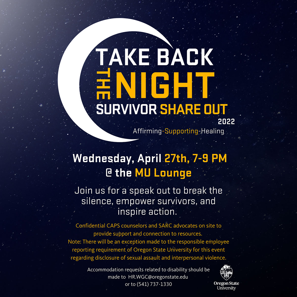 Join us Wednesday, April 27th for the annual Take Back the Night event! This powerful event aims to affirm, support, and heal survivors of sexual violence. More information here: beav.es/wCN. 
#believesurvivors #SAAM #april #takebackthenight #event  #oregonstate