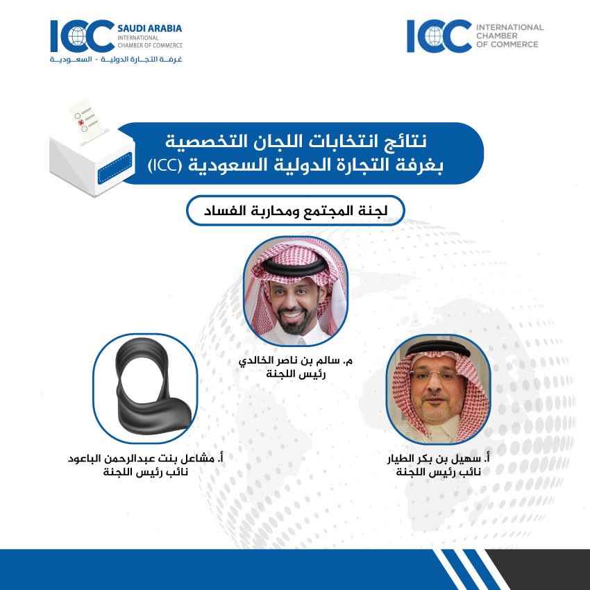 بحضور نائب رئيس مجلس الإدارة أ/ وعد بنت عبدالعزيز أبونيان تشكيل لجنة المجتمع ومحاربة الفساد في #غرفة_التجارة_الدولية_السعودية حيث تم تزكية م/ سالم بن ناصر الخالدي رئيسًا، و أ/ سهيل بن بكر الطيار و أ/ مشاعل بنت عبدالرحمن الباعود نائبين للرئيس.