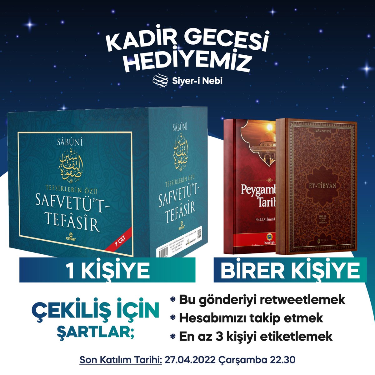 Kadir Gecesi münasebetiyle bir kardeşimize yedi ciltlik Safvetü't-Tefâsîr adlı muhteşem tefsiri, bir kardeşimize İmam Nevevî'nin et-Tibyân adlı eserini, bir kardeşimize de İsmail Yiğit hocamızın Peygamberler Tarihi adlı eserini hediye ediyoruz.
