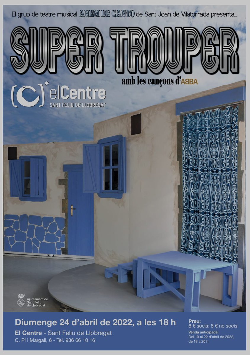 anemdecanto's tweet photo. Amigues i amics,
Diumenge 24 d'Abril a les 18h portem Super Trouper a "El Centre", a Sant Feliu de Llobregat! Podeu comprar les entrades per 8 euros (6 euros els socis), no us ho perdeu!!
#supertrouperADC #culturasegura #anemdebolo https://t.co/Iy8dLAqXwD