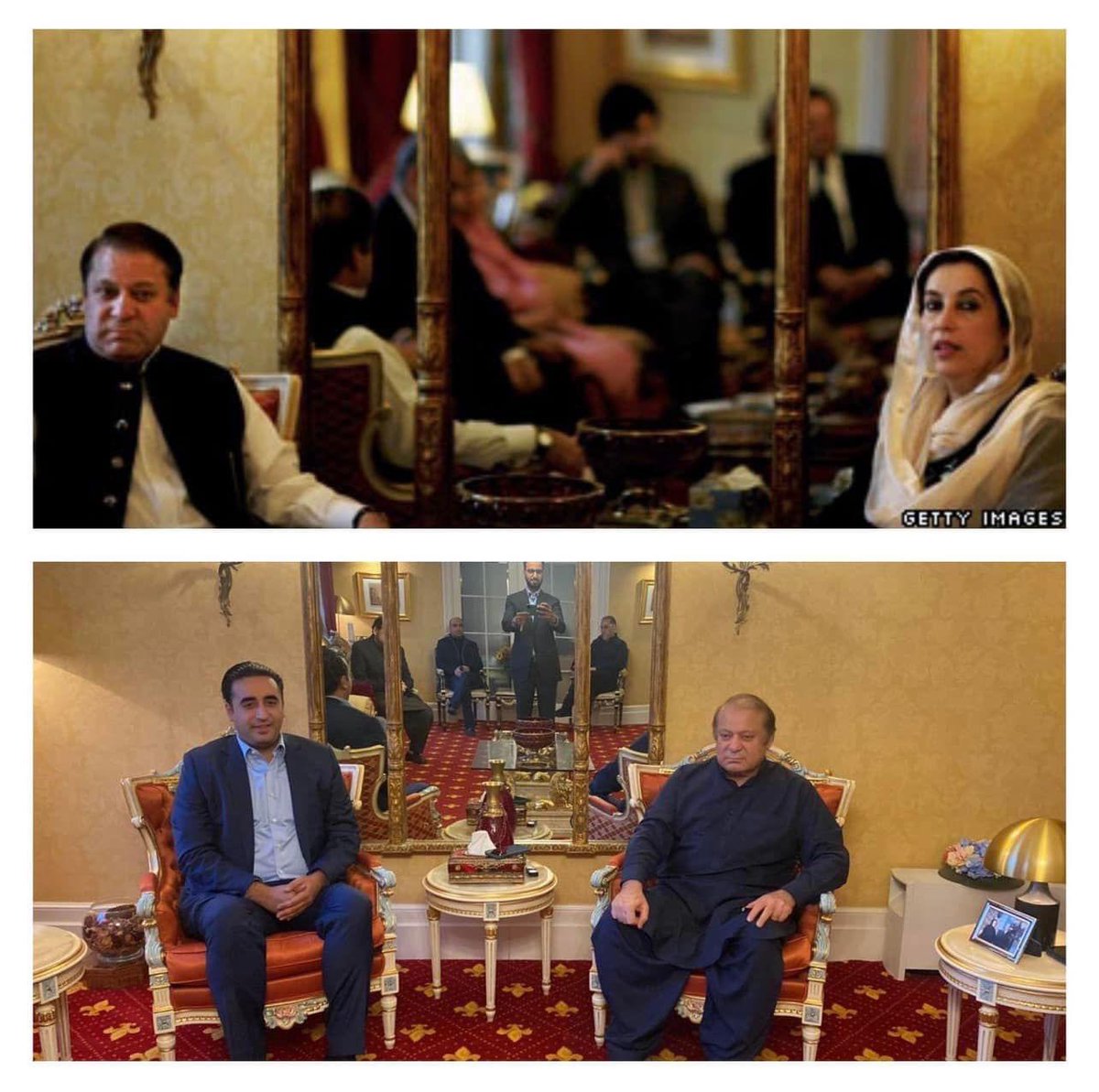 MurtazaViews's tweet photo. A picture worth a thousand words - @BBhuttoZardari and @NawazSharifMNS meet at the same place where Shaheed Benazir Bhutto and Nawaz Sharif met exactly 16 years ago https://t.co/7fQdd5BMNY