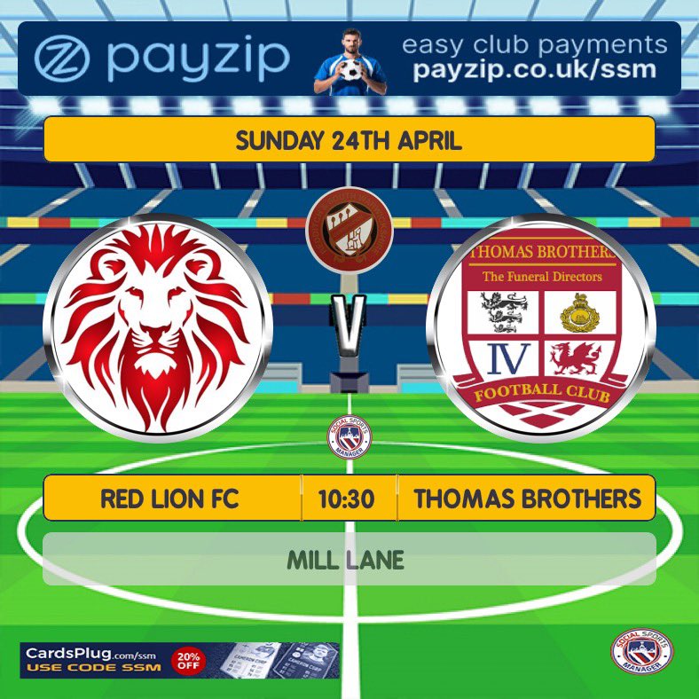 🔴🦁⚫️ Next Up ⚫️🦁🔴

After a week off we return to <a href="/Randswcl/">Redditch & SW League</a> Premier League action this Sunday, as we take on <a href="/TBFCRedditch/">Thomas Brothers FC</a>

🆚 Thomas Brothers
📅 24th April
⏰ 10:30am
🏆 League
🏟 Mill Lane 
🍺🌭 Bar &amp; Kitchen open