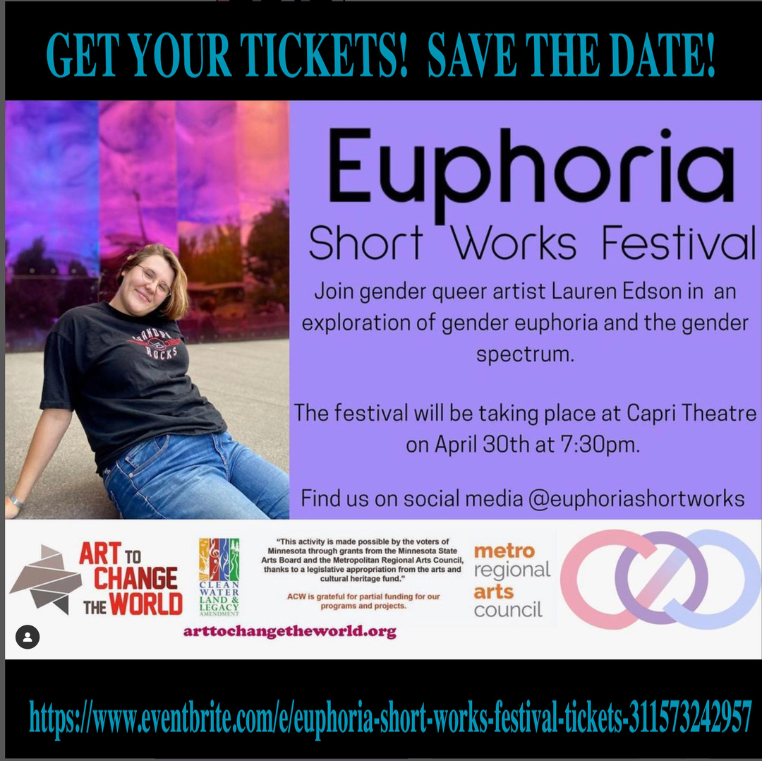 HenselGallery's tweet image. Wow!  This is coming soon!  

ONE NIGHT ONLY!
The event is free! April 30, 7:30 pm.

Poets, dancers, improv, video...oh my!  And door prizes! .

#euphoriashortworks #fringefestival #gendereuphoria #capritheater #arttochangetheworld #minnesota #twincities
@arttochangetheworld @su