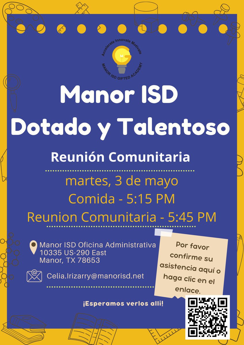 Lauressa Pitz (@pitzplace) on Twitter photo Please join us on May 3rd for the GT Community Meeting. Please RSVP to this link! Thank you!! #manorisd <a href="/MISD_AdvAcad/">MISD Adv Academics</a>
forms.gle/gQCk5ebTNy7qfE… Please join us on May 3rd for the GT Community Meeting. Please RSVP to this link! Thank you!! #manorisd <a href="/MISD_AdvAcad/">MISD Adv Academics</a>
forms.gle/gQCk5ebTNy7qfE…