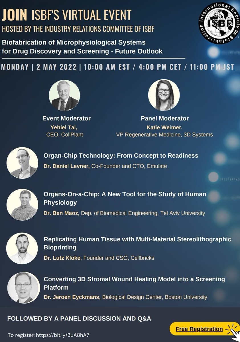 rlevato (@riclevato) on Twitter photo On May 2nd <a href="/ISBioFab/">Intl Soc Biofab</a> will be hosting a web event geared towards industrial translation and the biofabrication of microphysiological systems with <a href="/CollplantBio/">CollPlant</a> <a href="/3dsystems/">3D Systems</a> <a href="/cllbrcks/">Cellbricks</a> <a href="/emulateinc/">Emulate, Inc.</a> . Register for free: bit.ly/3uA8hA7 <a href="/Tim_WoodfieldNZ/">Tim Woodfield</a> <a href="/ZenobiWongLab/">Marcy Zenobi-Wong</a> On May 2nd <a href="/ISBioFab/">Intl Soc Biofab</a> will be hosting a web event geared towards industrial translation and the biofabrication of microphysiological systems with <a href="/CollplantBio/">CollPlant</a> <a href="/3dsystems/">3D Systems</a> <a href="/cllbrcks/">Cellbricks</a> <a href="/emulateinc/">Emulate, Inc.</a> . Register for free: bit.ly/3uA8hA7 <a href="/Tim_WoodfieldNZ/">Tim Woodfield</a> <a href="/ZenobiWongLab/">Marcy Zenobi-Wong</a>
