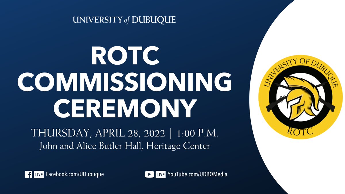 UDubuque's tweet photo. Six cadets will be commissioned as second lieutenants in the United States Army during the ROTC Commissioning Ceremony at 1 p.m. Thursday, April 28, in John and Alice Butler Hall, @HeritageCTR. #2022UDGrad #UDubuque https://t.co/ZjA4Q4zIyN