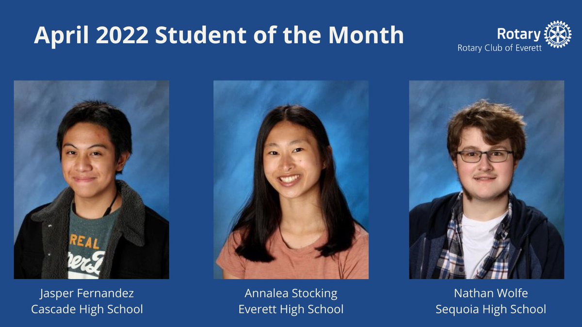 Rotary Of Everett (@everettrotary) on Twitter photo Congratulations to the Rotary Club of Everett’s April Students of the Month! Jasper Fernandez, Cascade High; Annalea Stockings, Everett High; and Nathan Wolfe, Sequoia High.<a href="/EverettSchools/">Everett Public Schools.WA</a> <a href="/MyEverettNews/">My Everett News</a> <a href="/EverettHerald/">Everett Herald</a> Congratulations to the Rotary Club of Everett’s April Students of the Month! Jasper Fernandez, Cascade High; Annalea Stockings, Everett High; and Nathan Wolfe, Sequoia High.<a href="/EverettSchools/">Everett Public Schools.WA</a> <a href="/MyEverettNews/">My Everett News</a> <a href="/EverettHerald/">Everett Herald</a>