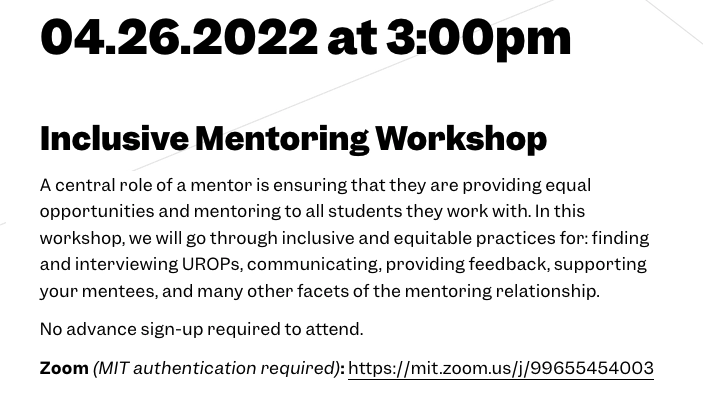 Upcoming workshop for supervisors on inclusive mentoring! Tuesday, April 26 at 3pm.