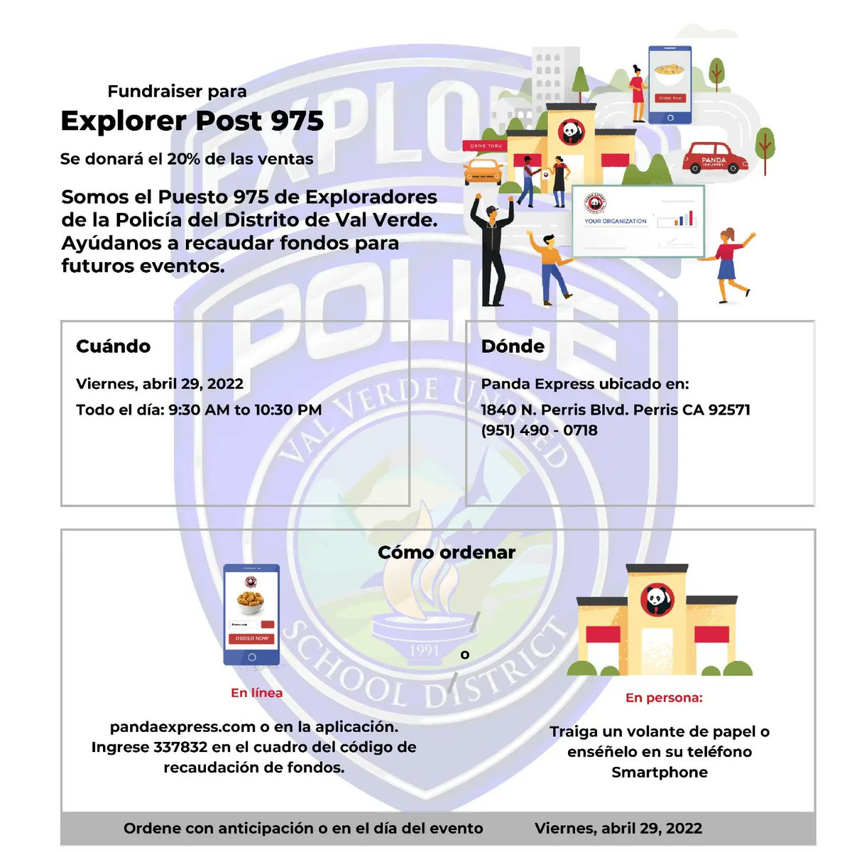 VVUSDPD's tweet photo. On Friday, April 29, Panda Express located at 1840 N. Perris Blvd. Perris, CA will be hosting a fundraiser to help Val Verde Explorer Post 975 raise money for future events. Please support us by going to eat at this location and providing the code! #vvusdpd #explorerpost975 https://t.co/w1bPqh6hNv