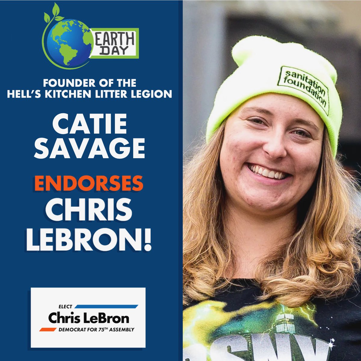 lebron4ny's tweet photo. I am very glad to receive an endorsement from Catie Savage! She's done some great work for on-the-ground activism in #AD75 and Hell's Kitchen and I'm proud to announce her support for my campaign on Earth Day. #cleanupnyc #litter #Sanitation #EarthDay https://t.co/ocl0P8q25c