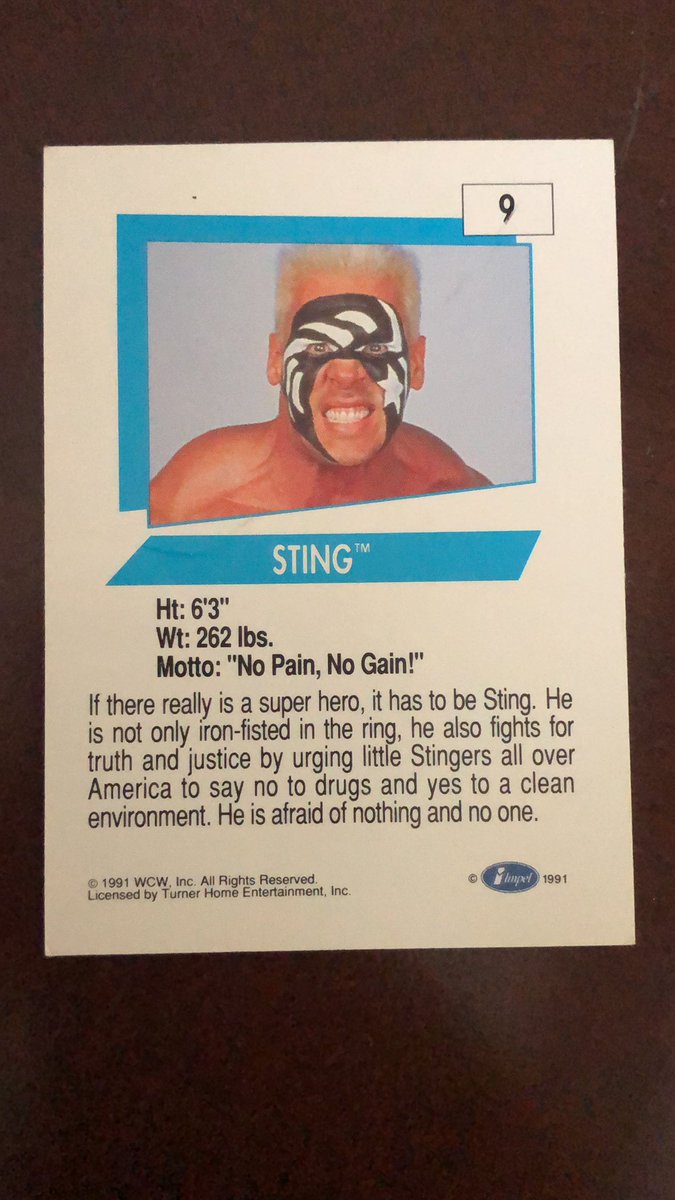 Did you collect cards… I did! I found this gem while showing my son my collection <a href="/Sting/">Sting</a>  <a href="/WWE/">WWE</a>   “No Pain, No Gain!”