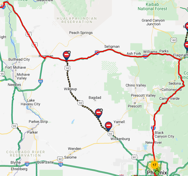 ArizonaDOT's tweet photo. While US 93 remains closed due to the #HackberryFire, how does one get from Phoenix to the Nevada state line?
AZ511 can detour your around closure points.
Got to https://t.co/JH3w60B6ht or download the app today: https://t.co/UeqHjxLP7Y https://t.co/R6UzE3iXev