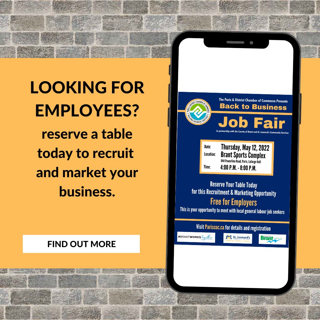 paris_chamber's tweet photo. Looking to Hire? Participate in our Job Fair being held on May 12, 2022. Reserve your table, and meet new recruits on location! Brant Sports Complex from 4:00pm - 8:00pm .Visit https://t.co/ttIf1MRbbC 
#LoveLocalBrant #PDCC #jobfair https://t.co/upwPkZCPlU