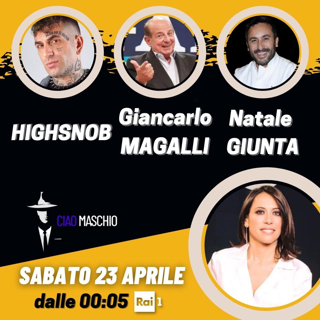N_DeGirolamo's tweet photo. Ecco la triade di Ciao Maschio! 

➡️ #HIGHSNOB, #GIANCARLOMAGALLI, #NATALEGIUNTA! 

Vi aspettiamo domani sera da  mezzanotte su Rai1 per una nuova puntata di #ciaomaschio 📺 https://t.co/CoMTNBh9E4