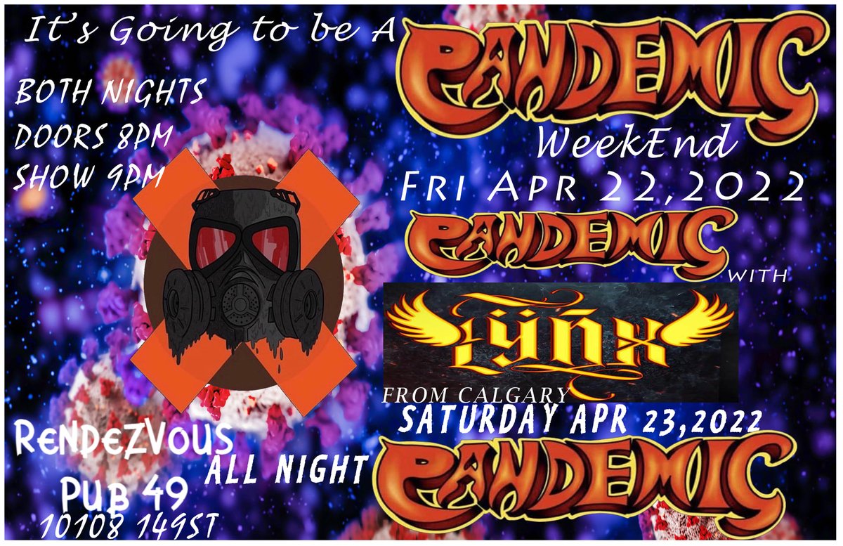 A Pandemic is happening this weekend Tonight <a href="/EdmontonOilers/">Edmonton Oilers</a> hockey big screen  9pm Lynx from #calgary #glam #Rock followed by #Yeg Best  rock and roll show Pandemic  Saturday Pandemic all night 9pm #local #Beer <a href="/alley_kat_beer/">Alley Kat Brewing</a> #RockAndRoll Food and Drink Specials 10108 149st