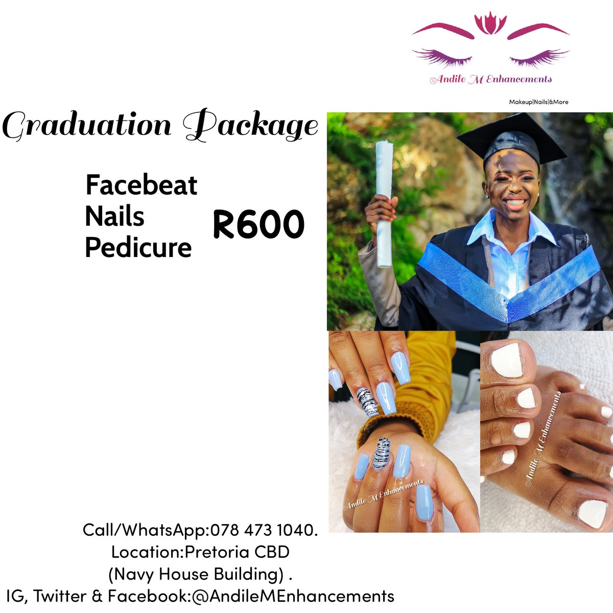 AndileMadisa's tweet photo. Graduating soon?👩🏼‍🎓 Get your Facebeat, Nails and Pedi for only R600.🔥
Pluq your friends and sisters as well!!♥️

Call/WhatsApp☎️: 078 473-1040.
Location📍: Pretoria CBD. 

#Classof2022 #graduation #GirlsTalkZA #pretoria #makeupartist #nails https://t.co/xWf4gLIC5S