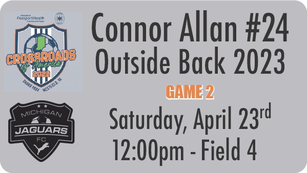 Connor Allan (@connorallan24) on Twitter photo Come check out the Michigan Jaguars 05 NLC team this weekend at the Crossroads of America Showcase at Grand Park in Westfield, IN
<a href="/MichiganJaguars/">Michigan Jaguars FC</a> <a href="/ImCollegeSoccer/">College Soccer Truth ™</a> <a href="/scoutingzone/">ScoutingZone®</a> <a href="/TopPreps/">AI SEARCH - TOP PREPS AI SPORTS SEARCH ENGINE</a> <a href="/TopDrawerSoccer/">TopDrawerSoccer</a> <a href="/TheSoccerWire/">SoccerWire</a>
indianafirejuniors.com/crossroads Come check out the Michigan Jaguars 05 NLC team this weekend at the Crossroads of America Showcase at Grand Park in Westfield, IN
<a href="/MichiganJaguars/">Michigan Jaguars FC</a> <a href="/ImCollegeSoccer/">College Soccer Truth ™</a> <a href="/scoutingzone/">ScoutingZone®</a> <a href="/TopPreps/">AI SEARCH - TOP PREPS AI SPORTS SEARCH ENGINE</a> <a href="/TopDrawerSoccer/">TopDrawerSoccer</a> <a href="/TheSoccerWire/">SoccerWire</a>
indianafirejuniors.com/crossroads