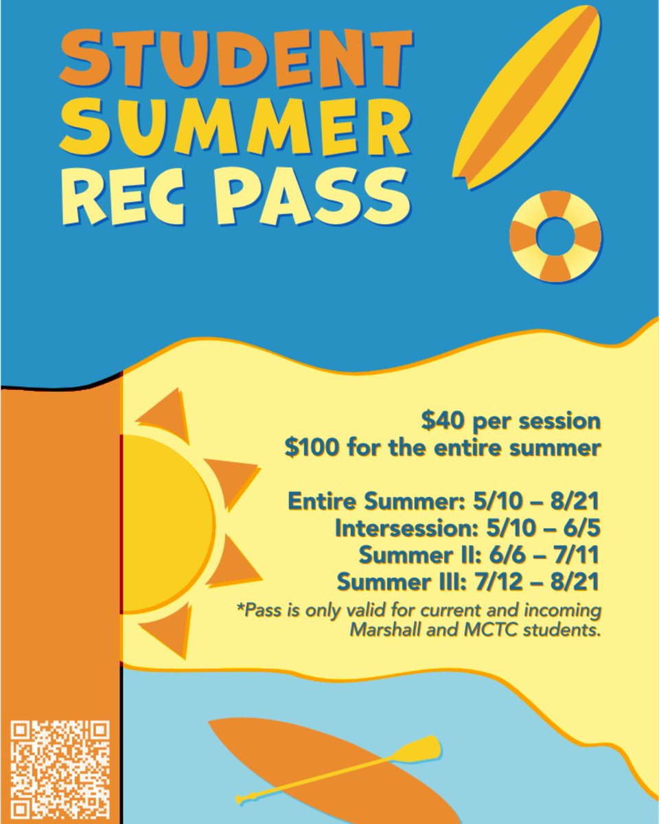 Happy #FunFriday! Don't miss out on the Rec just because you aren't taking summer classes! Student Summer Rec Passes are available for purchase in-persona at the Rec for $40 per semester or $100 for the entire summer. Get yours today at the ProShop