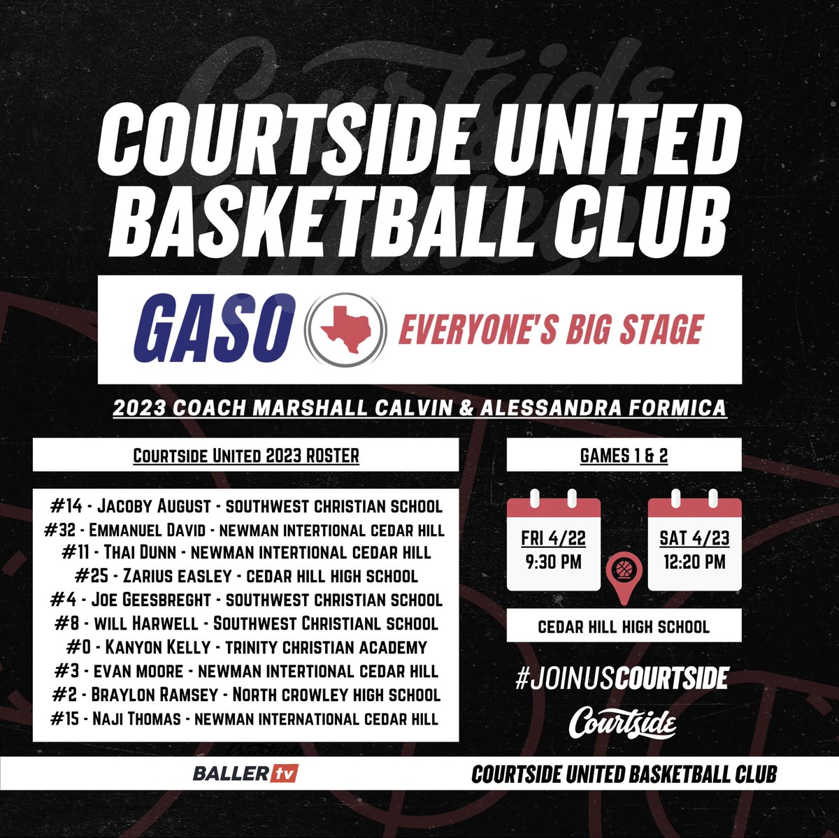 Courtside_360's tweet photo. Courtside United 2023 tips off tonight! 
#joinuscourtside 

@TexasHoopsGASO #OPENPERIOD 
🗓 4/22 9:30pm, 4/23 12:20pm
📍 Cedar Hill HS
📺 @ballertv 

@arob25_ @coachzac_ 
@TexasHoopsTV @BallerTV @iFilmHoopers #courtside360 #courtsideunited https://t.co/bXzi9DHtk5