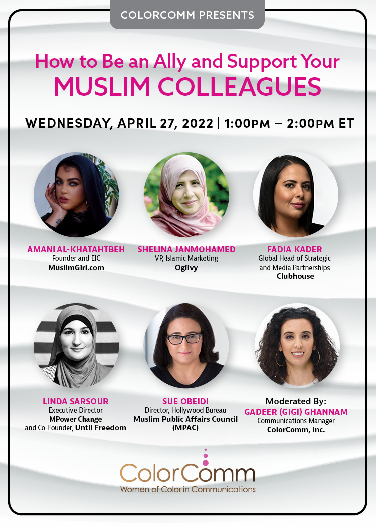 Sue Obeidi (@sueobeidi) on Twitter photo I'm excited to speak on <a href="/ColorCommntwk/">ColorComm</a>'s panel with @xoamani, <a href="/loveinheadscarf/">Shelina Janmohamed</a>, Fadia Kader, <a href="/lsarsour/">Linda Sarsour</a> & moderator Gadeer (GiGi) Ghannam. Join us on 4/27 as we discuss actionable ways to become an ally to your Muslim colleagues in the workplace. RSVP: bit.ly/3vBZUDE I'm excited to speak on <a href="/ColorCommntwk/">ColorComm</a>'s panel with @xoamani, <a href="/loveinheadscarf/">Shelina Janmohamed</a>, Fadia Kader, <a href="/lsarsour/">Linda Sarsour</a> & moderator Gadeer (GiGi) Ghannam. Join us on 4/27 as we discuss actionable ways to become an ally to your Muslim colleagues in the workplace. RSVP: bit.ly/3vBZUDE