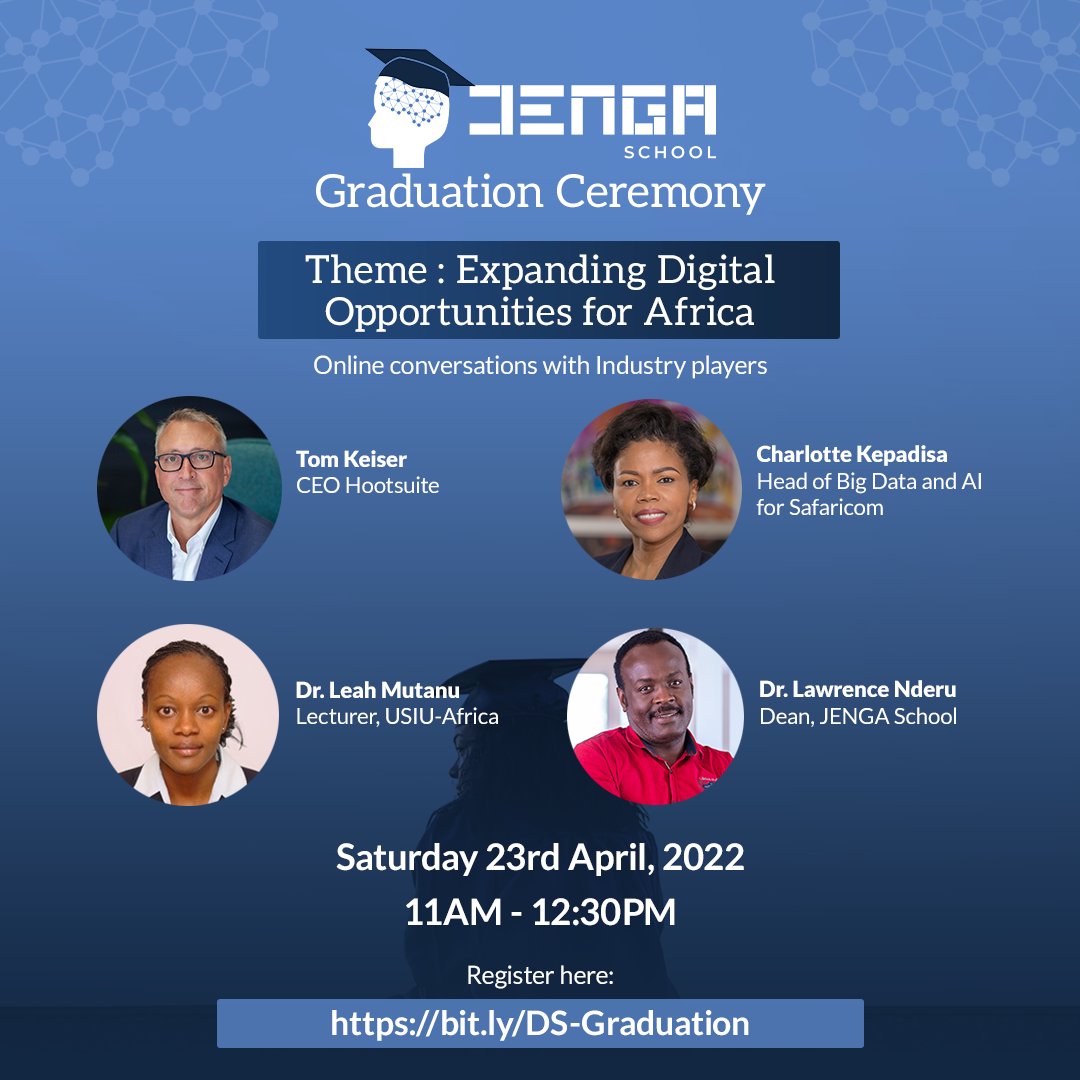 JENGASchool's tweet photo. Live Today!
Join us as we celebrate #JENGAStudents in a Graduation themed 'Expanding Digital Opportunities For Africa'
Our lineup of guests is amazing! Bring your favourite snack coz it Satur-YAY!
Sign up here: https://t.co/Te3K73b81s
#JENGAGraduation #JENGASchool #TechAfrica https://t.co/q3iPxshlc9