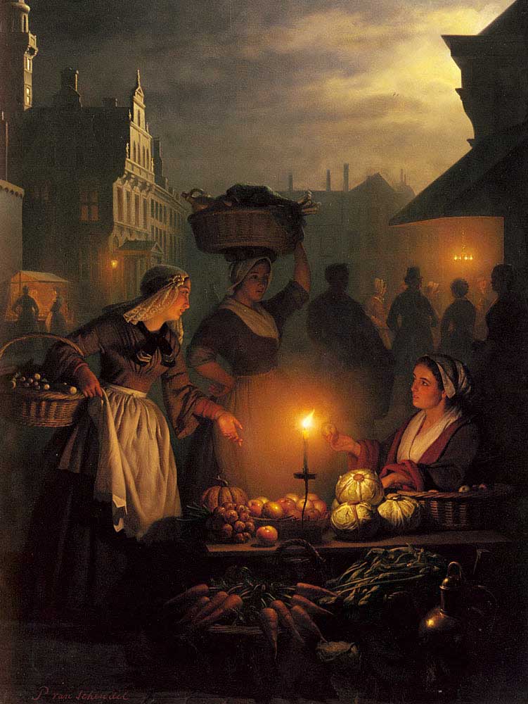 Petrus Van Schendel (21-April 1806- 28-Decemper  1870) Dutch-Belgian painter -Night Market_