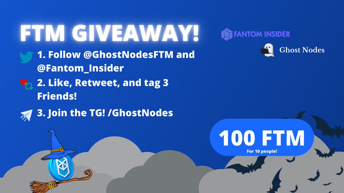 To celebrate the @GhostNodesFTM launching,  100 $FTM are available to GIVE AWAY for 10 winners 🎉

Rules:
1⃣ Follow @fantom_insider and @GhostNodesFTM
2⃣ Join Telegram group: t.me/GhostNodes
3⃣ Like + Retweet
4⃣ Tag 3 friends

Duration: 72 Hours

#GhostNodes #Fantom #FTM