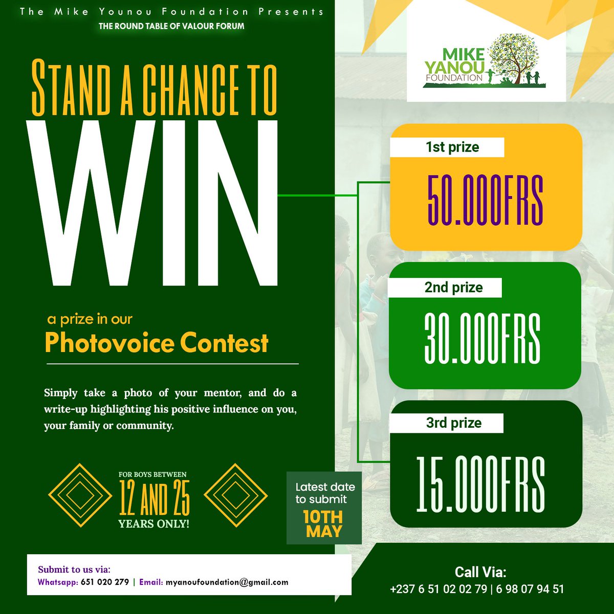 Stand a chance to win
A prize in our Photovoice Contest.

Simply take a photo of your mentor, and do a write-up highlighting his positive influence on you, your family or community.
For boys between 12 and 25 years only!
Whatsapp: 651 020 279
Email: myanoufoundation@gmail.com