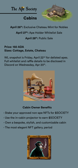 We're stoked to partner with <a href="/the_ape_society/">The Ape Society</a> to giveaway 3 WL Spots to their upcoming Cabins Mint! 

To qualify:
1️⃣  ❤️  &amp; Retweet 
2️⃣  Follow <a href="/Ape_NationNFT/">Ape Nation</a> &amp; <a href="/the_ape_society/">The Ape Society</a> 
3️⃣  Join the Ape Nation Discord 

#CNFTGiveaway ends in 72 Hours.

#OneJungle discord.gg/apenationcnft