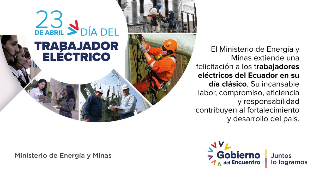 Esta Cartera de Estado extiende una felicitación a todos los trabajadores eléctricos del Ecuador, quienes a través de su compromiso y profesionalismo aportan con el desarrollo del sector en beneficio de todos los ecuatorianos.

#DesarrolloEnergéticoResponsable