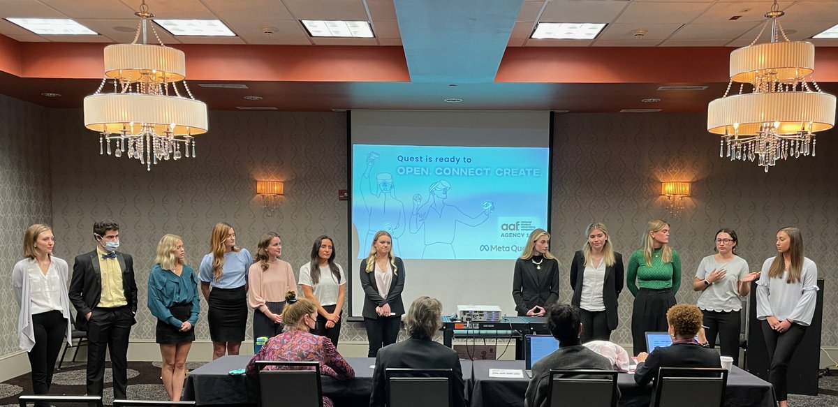 WyattJU's tweet photo. Watched a well researched #Advertising pitch on #VR and @Meta for the National Student Ad Competition. Bright team from @UofSC . They impressed the crowd. Wish them luck on results soon! The full team including @LPetramale ,@BrinnaDay, @gmiller539, @jessdretts and others. https://t.co/yuK1coaOuy